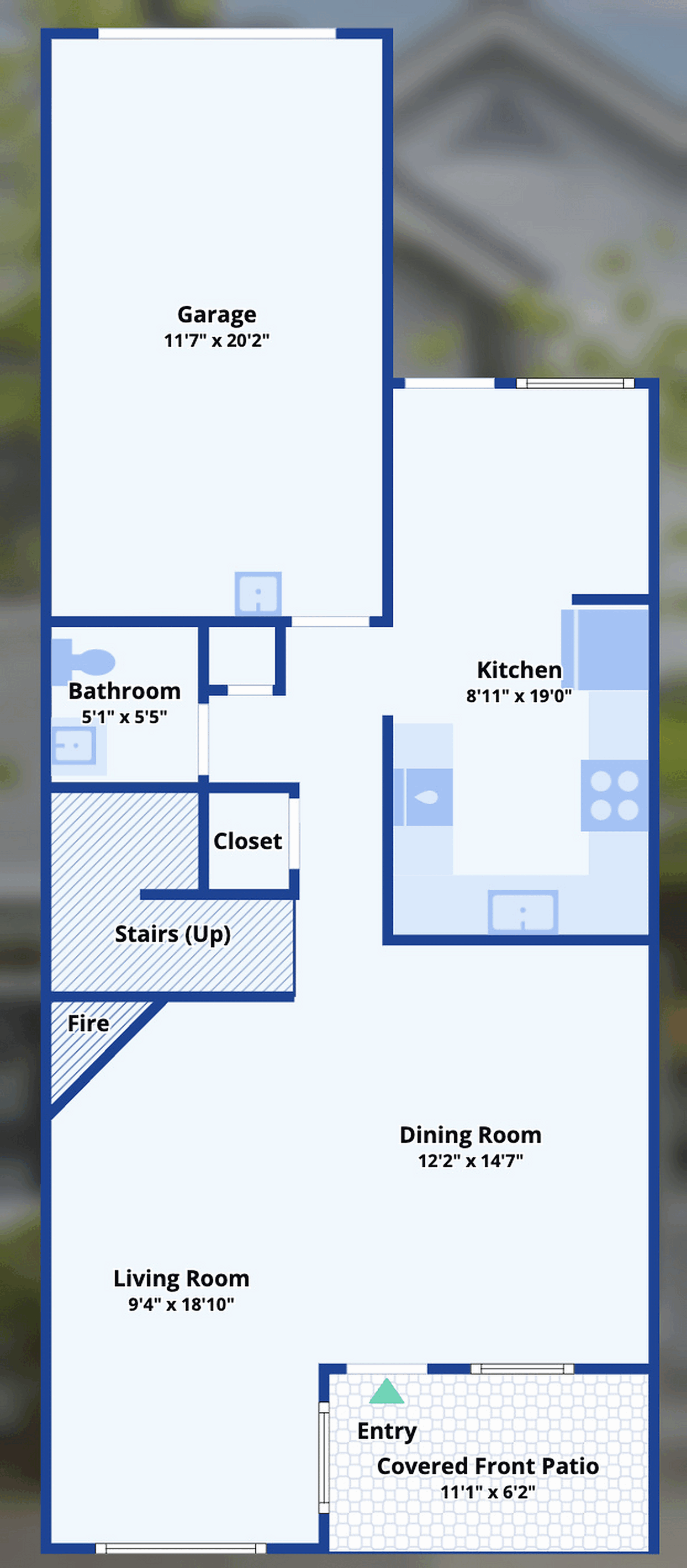 Main level floor plan: living room, dining room, kitchen, half bath, stairs and attached garage