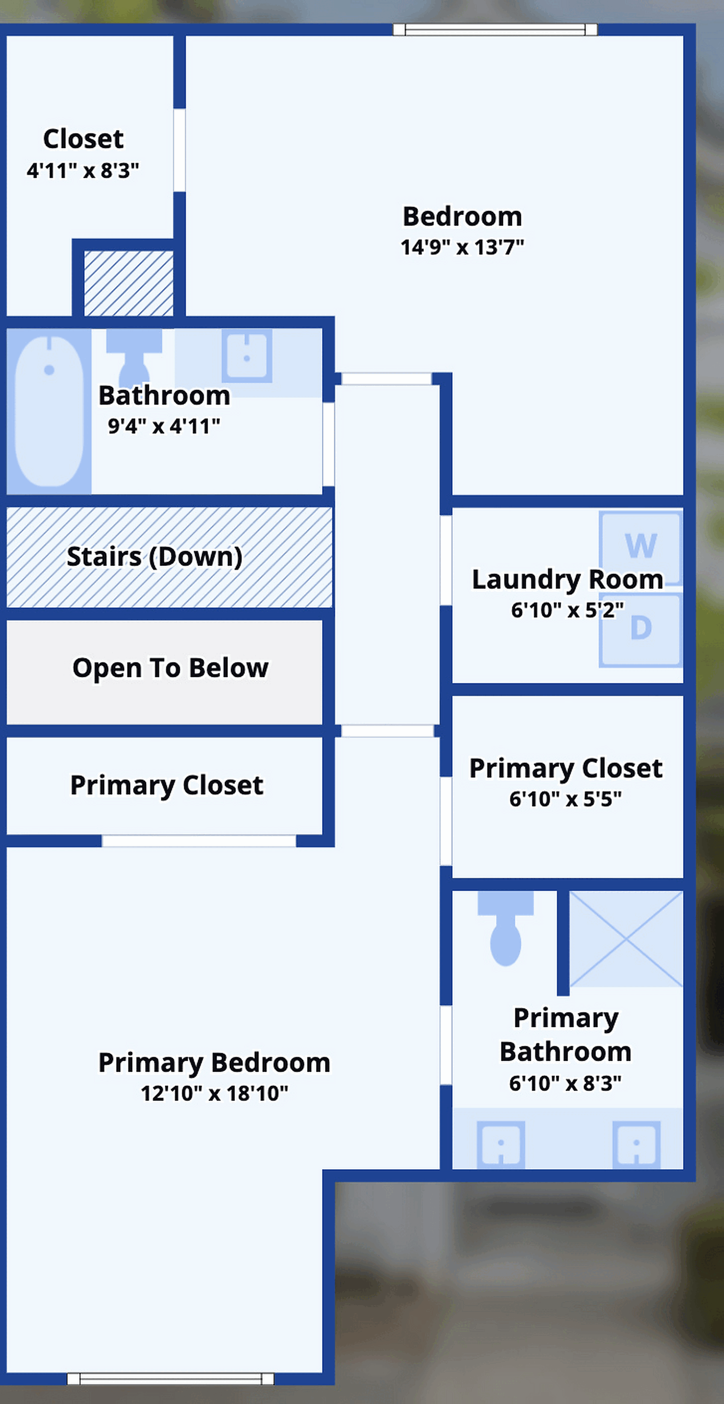 Upper level floor plan: primary suite, second bedroom, hall bath and laundry room